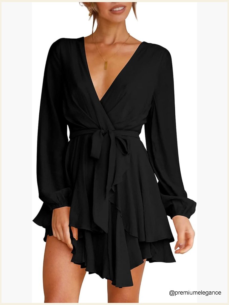 Deep V-Neck Long Sleeve Waist Tie Ruffle Mini Skater Dress With Back Zipper